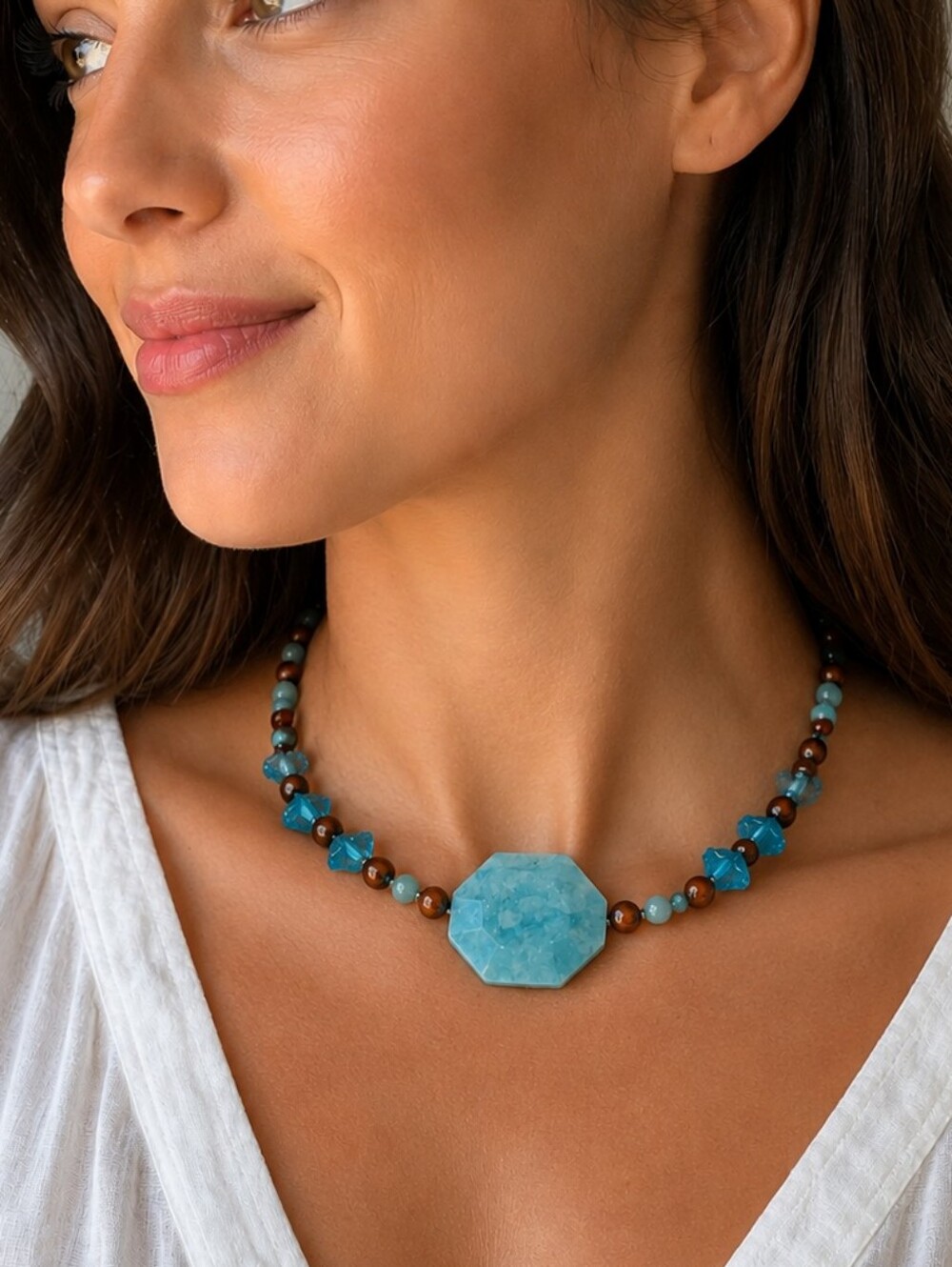 HANDCRAFTED Icy Blue Quartz Rosewood and Czech Glass Leaf Beaded Chunky Necklace